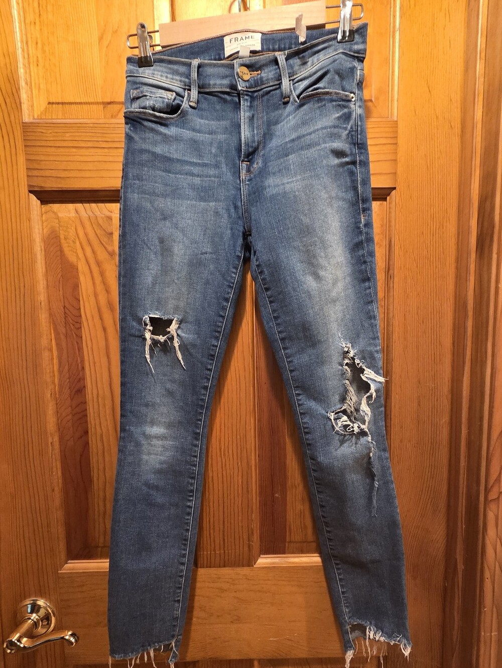Frame Denim Medium Blue Distressed Skinny Jeans